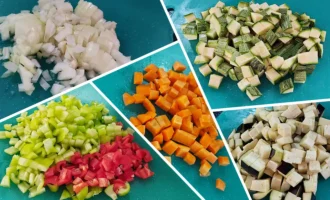 Шаг 1: Нарезка овощей (Крок 1: Нарізання овочів)