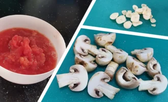 Шаг 2: Подготовка грибов и томатов (Крок 2: Підготовка грибів та томатів)