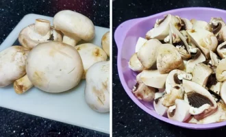 Шаг 1: Нарезка крупных шампиньонов (Крок 1: Нарізка великих печериць)