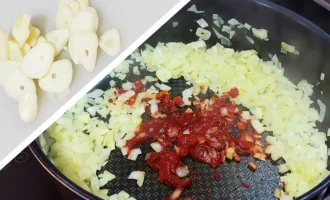 Шаг 4: Добавление чеснока и томатной пасты (Крок 4: Додавання часнику та томатної пасти)